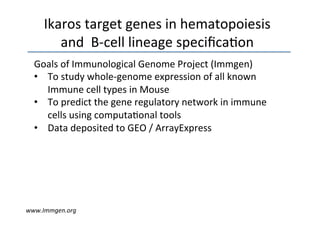 Ikaros	
  target	
  genes	
  in	
  hematopoiesis	
  
         and	
  	
  B-­‐cell	
  lineage	
  speciﬁca3on	
  
  Goals	
  of	
  Immunological	
  Genome	
  Project	
  (Immgen)	
  
  •  To	
  study	
  whole-­‐genome	
  expression	
  of	
  all	
  known	
  
       Immune	
  cell	
  types	
  in	
  Mouse	
  	
  
  •  To	
  predict	
  the	
  gene	
  regulatory	
  network	
  in	
  immune	
  
       cells	
  using	
  computa3onal	
  tools	
  
  •  Data	
  deposited	
  to	
  GEO	
  /	
  ArrayExpress	
  
  	
  




www.Immgen.org	
  
 
