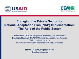 Engaging the Private Sector for
National Adaptation Plan (NAP) Implementation:
The Role of the Public Sector
Joel Smith, CEADIR Adaptation Specialist, Abt Associates
Dr. Alicia Hayman, CEADIR National Coordinator for Jamaica
With contributions from
Dr. Glen Anderson and Michele Laird, Abt Associates
March 17, 2016, Pegasus Hotel
Kingston, Jamaica
 