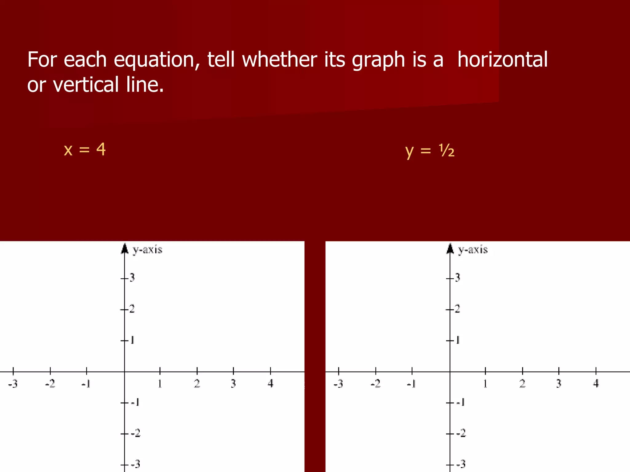 For each equation, tell whether its graph is a horizontal or vertical line. x = 4 y = ½
