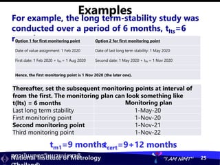 สถาบันมาตรวิทยาแห่งชาติ
National Institute of Metrology “I AM NIMT” 25
Examples
For example, the long term-stability study was
conducted over a period of 6 months, tlts=6
months
Option 1 for first monitoring point Option 2 for first monitoring point
Date of value assignment: 1 Feb 2020 Date of last long term stability: 1 May 2020
First date: 1 Feb 2020 + tlts = 1 Aug 2020 Second date: 1 May 2020 + tlts = 1 Nov 2020
Hence, the first monitoring point is 1 Nov 2020 (the later one).
Thereafter, set the subsequent monitoring points at interval of
from the first. The monitoring plan can look something like
t(lts) = 6 months Monitoring plan
Last long term stability 1-May-20
First monitoring point 1-Nov-20
Second monitoring point 1-Nov-21
Third monitoring point 1-Nov-22
tm1=9 months
tcert=9+12 months
 