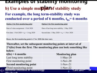 สถาบันมาตรวิทยาแห่งชาติ
National Institute of Metrology “I AM NIMT” 34
Examples of stability monitoring
plan
b) Use a simple multiple of stability study
For example, the long term-stability study was
conducted over a period of 6 months, tlts= 6 months
Option 1 for first monitoring point Option 2 for first monitoring point
Date of value assignment: 1 Feb 2020 Date of last long term stability: 1 May 2020
First date: 1 Feb 2020 + tlts = 1 Aug 2020 Second date: 1 May 2020 + tlts = 1 Nov 2020
Hence, the first monitoring point is 1 Nov 2020 (the later one).
Thereafter, set the subsequent monitoring points at interval of
2*t(lts) from the first. The monitoring plan can look something like
below:
t(lts) = 6 months Monitoring plan
Last long term stability 1-May-20
First monitoring point 1-Nov-20
Second monitoring point 1-Nov-21
Third monitoring point 1-Nov-22
 