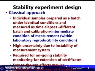 สถาบันมาตรวิทยาแห่งชาติ
National Institute of Metrology “I AM NIMT” 8
Stability experiment design
 Classical approach
• Individual samples prepared as a batch
under identical conditions and
measured as time elapses –different
batch and calibration-intermediate
condition of measurement (within-
laboratory reproducibility condition)
• High uncertainty due to instability of
measurement system
• Required for on-going stability
monitoring for extension of certificates
• Due to the run effects may be
important, a minimum of 4 points in
 