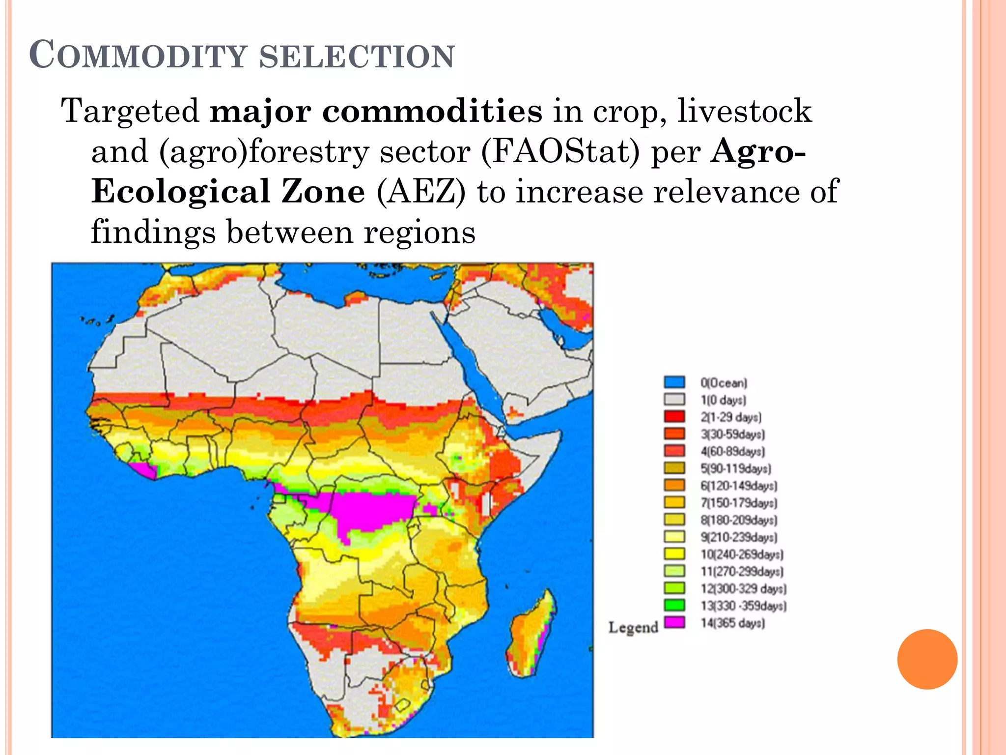 COMMODITY SELECTION
Targeted major commodities in crop, livestock
and (agro)forestry sector (FAOStat) per Agro-
Ecological Zone (AEZ) to increase relevance of
findings between regions
 
