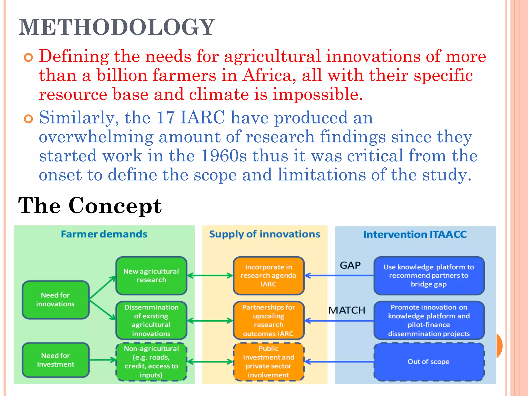 METHODOLOGY
 Defining the needs for agricultural innovations of more
than a billion farmers in Africa, all with their specific
resource base and climate is impossible.
 Similarly, the 17 IARC have produced an
overwhelming amount of research findings since they
started work in the 1960s thus it was critical from the
onset to define the scope and limitations of the study.
The Concept
 