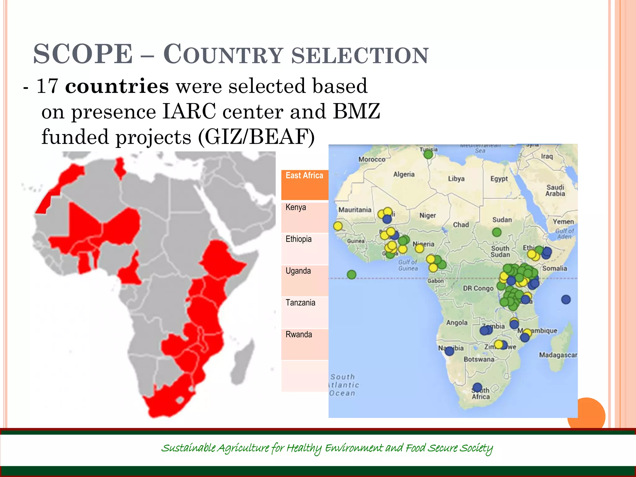 SCOPE – COUNTRY SELECTION
- 17 countries were selected based
on presence IARC center and BMZ
funded projects (GIZ/BEAF)
10
Sustainable Agriculture for Healthy Environment and Food Secure Society
East Africa Southern Africa West Africa North Africa
Kenya South Africa Cameroon Morocco
Ethiopia Zimbabwe Mali Tunisia
Uganda Zambia Benin
Tanzania Mozambique Ghana
Rwanda Malawi Burkina Faso
Niger
 