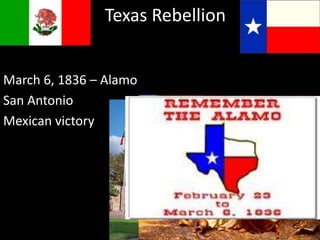 Texas Rebellion
March 6, 1836 – Alamo
San Antonio
Mexican victory
 