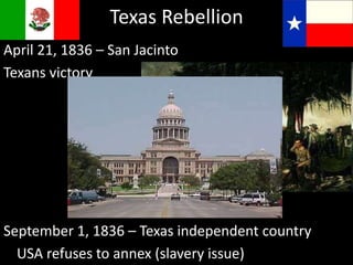 Texas Rebellion
April 21, 1836 – San Jacinto
Texans victory
September 1, 1836 – Texas independent country
USA refuses to annex (slavery issue)
 