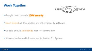 Work Together
63
• Google can’t provide 100% security
• Can’t Detect all Threats like any other Security software
• Google...