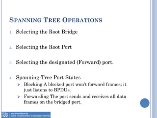 SPANNING TREE OPERATIONS
1. Selecting the Root Bridge
2. Selecting the Root Port
3. Selecting the designated (Forward) port.
4. Spanning-Tree Port States
 Blocking A blocked port won’t forward frames; it
just listens to BPDUs.
 Forwarding The port sends and receives all data
frames on the bridged port.
 