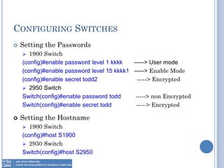 CONFIGURING SWITCHES
 Setting the Passwords
 1900 Switch
(config)#enable password level 1 kkkk -----> User mode
(config)#enable password level 15 kkkk1 -----> Enable Mode
(config)#enable secret todd2 -----> Encrypted
 2950 Switch
Switch(config)#enable password todd -----> non Encrypted
Switch(config)#enable secret todd -----> Encrypted
 Setting the Hostname
 1900 Switch
(config)#host S1900
 2950 Switch
Switch(config)#host S2950
 