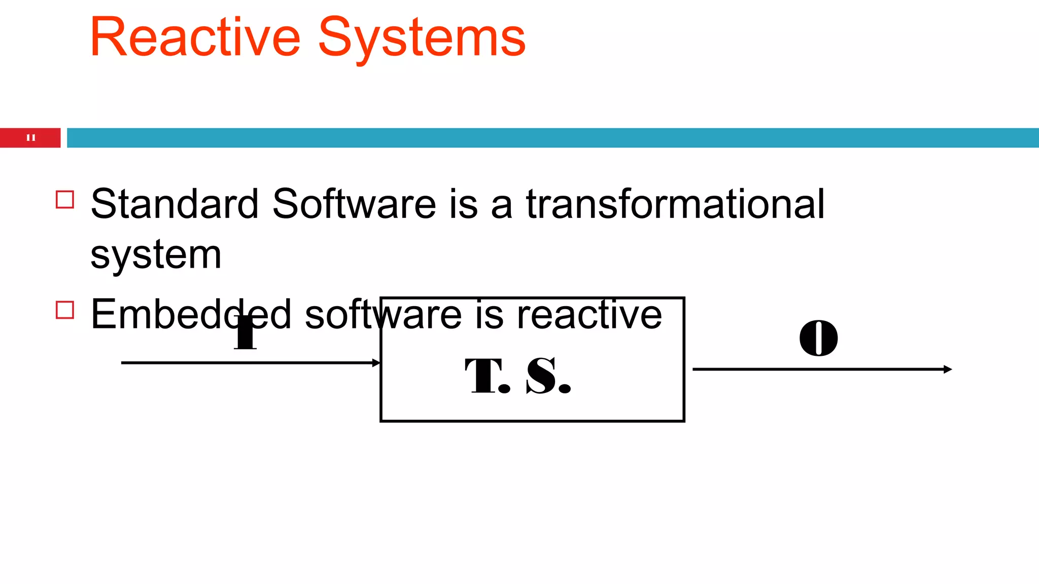 11 
Reactive Systems 
 Standard Software is a transformational 
system 
 Embedded software is reactive 
I O 
T. S. 
 