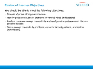 Review of Learner Objectives
You should be able to meet the following objectives:
• Discuss vSphere storage architecture
• Identify possible causes of problems in various types of datastores
• Analyze common storage connectivity and configuration problems and discuss
possible causes
• Solve storage connectivity problems, correct misconfigurations, and restore
LUN visibility
 