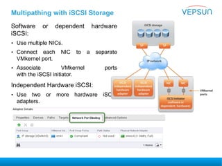 Multipathing with iSCSI Storage
Software or dependent hardware
iSCSI:
• Use multiple NICs.
• Connect each NIC to a separate
VMkernel port.
• Associate VMkernel ports
with the iSCSI initiator.
Independent Hardware iSCSI:
• Use two or more hardware iSCSI
adapters.
 