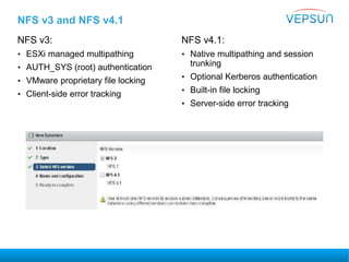 NFS v3 and NFS v4.1
NFS v3:
• ESXi managed multipathing
• AUTH_SYS (root) authentication
• VMware proprietary file locking
• Client-side error tracking
NFS v4.1:
• Native multipathing and session
trunking
• Optional Kerberos authentication
• Built-in file locking
• Server-side error tracking
 