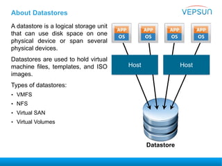 About Datastores
A datastore is a logical storage unit
that can use disk space on one
physical device or span several
physical devices.
Datastores are used to hold virtual
machine files, templates, and ISO
images.
Types of datastores:
• VMFS
• NFS
• Virtual SAN
• Virtual Volumes
Host Host
Datastore
 