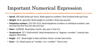 Important Numerical Expression
• Speed: 100 mph (miles per hour). Read speed as numbers: One hundred miles per hour
• Weight: 42 lb. (pounds). Read weight as numbers: forty-two pounds​
• Telephone numbers: 212-555-1212. Read telephone numbers in individual numbers: two
one two five five five one two one two
• Dates: 12/04/65. Read dates month, day, year in the U.S.
• Temperature: 72° F (Fahrenheit). Read temperature as "degrees +number": seventy-two
degrees fahrenheit
• Height - 6'2''. Read height in feet and then inches: six feet two inches
• Score – 2:1. Read scores as "number + to + number": Two to one
 