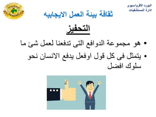 ‫االٌجابٌه‬ ‫العمل‬ ‫بٌئة‬ ‫ثقافة‬
‫التحفٌز‬
•
‫هو‬
‫ما‬ ‫شا‬ ‫لعمل‬ ‫تدفعنا‬ ‫التى‬ ‫الدوافع‬ ‫مجموعة‬
•
‫نحو‬ ‫االنسان‬ ‫ٌدفع‬ ‫اوفعل‬ ‫قول‬ ‫كل‬ ‫فى‬ ‫ٌتمثل‬
‫افضل‬ ‫سلوك‬
‫االفرواسٌوى‬ ‫البورد‬
‫المستشفٌات‬ ‫ادارة‬
 