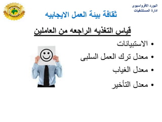 ‫االٌجابٌه‬ ‫العمل‬ ‫بٌئة‬ ‫ثقافة‬
‫العاملٌن‬ ‫من‬ ‫الراجعه‬ ‫التغذٌه‬ ‫قٌاس‬
•
‫االستبٌانات‬
•
‫السلبى‬ ‫العمل‬ ‫ترك‬ ‫معدل‬
•
‫الؽٌاب‬ ‫معدل‬
•
‫التأخٌر‬ ‫معدل‬
‫االفرواسٌوى‬ ‫البورد‬
‫المستشفٌات‬ ‫ادارة‬
 