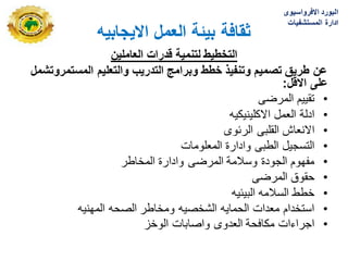 ‫االٌجابٌه‬ ‫العمل‬ ‫بٌئة‬ ‫ثقافة‬
‫العاملٌن‬ ‫قدرات‬ ‫لتنمٌة‬ ‫التخطٌط‬
‫المستمروتشمل‬ ‫والتعلٌم‬ ‫التدرٌب‬ ‫وبرامج‬ ‫خطط‬ ‫وتنفٌذ‬ ‫تصمٌم‬ ‫طرٌق‬ ‫عن‬
‫االقل‬ ‫على‬
:
•
‫المرضى‬ ‫تقٌٌم‬
•
‫االكلٌنٌكٌه‬ ‫العمل‬ ‫ادلة‬
•
‫الربوى‬ ‫القلبى‬ ‫االنعاش‬
•
‫المعلومات‬ ‫وادارة‬ ‫الطبى‬ ‫التسجٌل‬
•
‫المخاطر‬ ‫وادارة‬ ‫المرضى‬ ‫وسالمة‬ ‫الجودة‬ ‫مفهوم‬
•
‫المرضى‬ ‫حقوق‬
•
‫البٌبٌه‬ ‫السالمه‬ ‫خطط‬
•
‫المهنٌه‬ ‫الصحه‬ ‫ومخاطر‬ ‫الشخصٌه‬ ‫الحماٌه‬ ‫معدات‬ ‫استخدام‬
•
‫الوخز‬ ‫واصابات‬ ‫العدوى‬ ‫مكافحة‬ ‫اجراءات‬
‫االفرواسٌوى‬ ‫البورد‬
‫المستشفٌات‬ ‫ادارة‬
 