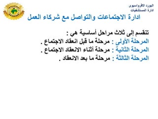 ‫شركاء‬ ‫مع‬ ‫والتواصل‬ ‫االجتماعات‬ ‫ادارة‬
‫العمل‬
‫االفرواسٌوى‬ ‫البورد‬
‫المستشفٌات‬ ‫ادارة‬
ً‫ه‬ ‫أساسٌة‬ ‫مراحل‬ ‫ثالث‬ ‫إلى‬ ‫تنقسم‬
:
‫األولى‬ ‫المرحلة‬
:
‫االجتماع‬ ‫انعقاد‬ ‫قبل‬ ‫ما‬ ‫مرحلة‬
.
‫الثانٌة‬ ‫المرحلة‬
:
‫االجتماع‬ ‫االنعقاد‬ ‫أثناء‬ ‫مرحلة‬
.
‫الثالثة‬ ‫المرحلة‬
:
‫االنعقاد‬ ‫بعد‬ ‫ما‬ ‫مرحلة‬
.
 