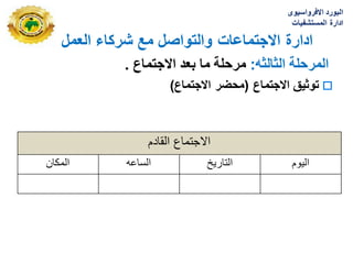 ‫العمل‬ ‫شركاء‬ ‫مع‬ ‫والتواصل‬ ‫االجتماعات‬ ‫ادارة‬
‫االفرواسٌوى‬ ‫البورد‬
‫المستشفٌات‬ ‫ادارة‬
‫المرحلة‬
‫الثالثه‬
:
‫مرحلة‬
‫بعد‬ ‫ما‬
‫االجتماع‬
.

‫االجتماع‬ ‫توثٌق‬
(
‫االجتماع‬ ‫محضر‬
)
‫القادم‬ ‫االجتماع‬
‫المكان‬ ‫الساعه‬ ‫التاريخ‬ ‫اليوم‬
 