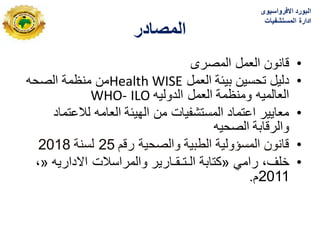 ‫انًصبدر‬
•
‫المصرى‬ ‫العمل‬ ‫قانون‬
•
‫العمل‬ ‫بٌبة‬ ‫تحسٌن‬ ‫دلٌل‬
Health WISE
‫الصحه‬ ‫منظمة‬ ‫من‬
‫الدولٌه‬ ‫العمل‬ ‫ومنظمة‬ ‫العالمٌه‬
WHO- ILO
•
‫لالعتماد‬ ‫العامه‬ ‫الهٌبة‬ ‫من‬ ‫المستشفٌات‬ ‫اعتماد‬ ‫معاٌٌر‬
‫الصحٌه‬ ‫والرقابة‬
•
‫رقم‬ ‫والصحٌة‬ ‫الطبٌة‬ ‫المسؤولٌة‬ ‫قانون‬
25
‫لسنة‬
2018
•
ً‫رام‬ ،‫خلؾ‬
«
‫كتابة‬
‫الـتـقـارٌر‬
‫االدارٌه‬ ‫والمراسالت‬
«
،
2011
‫م‬
.
‫االفرواسٌوى‬ ‫البورد‬
‫المستشفٌات‬ ‫ادارة‬
 