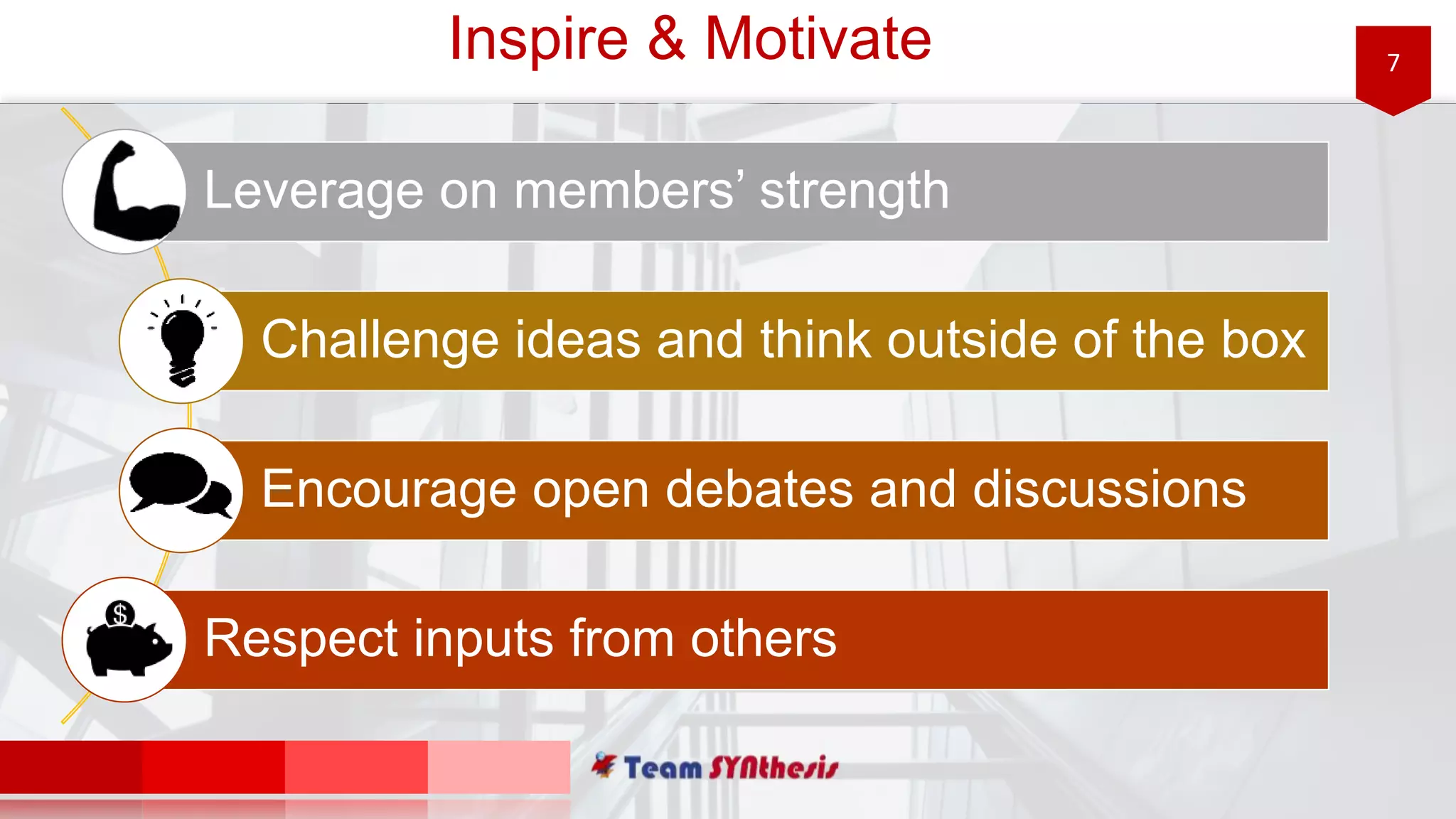 7Inspire & Motivate
Leverage on members’ strength
Challenge ideas and think outside of the box
Encourage open debates and discussions
Respect inputs from others
 