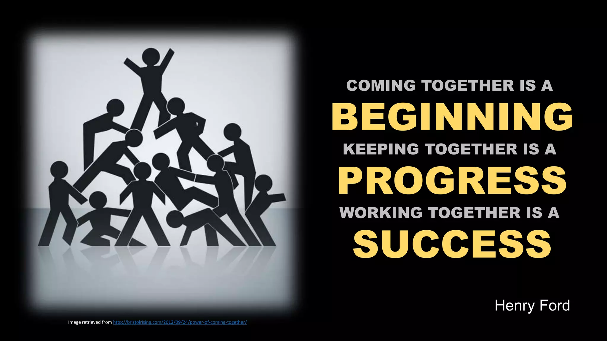 COMING TOGETHER IS A
BEGINNING
KEEPING TOGETHER IS A
PROGRESS
WORKING TOGETHER IS A
SUCCESS
Henry Ford
Image retrieved from http://bristolrising.com/2012/09/24/power-of-coming-together/
 