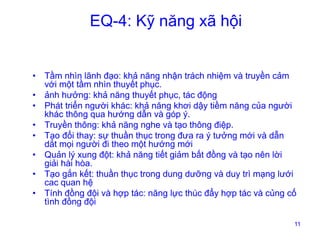 EQ-4: Kỹ năng xã hội

•
•
•
•
•
•
•
•

Tầm nhìn lãnh đạo: khả năng nhận trách nhiệm và truyền cảm
với một tầm nhìn thuyết phục.
ảnh hưởng: khả năng thuyết phục, tác động
Phát triển người khác: khả năng khơi dậy tiềm năng của người
khác thông qua hướng dẫn và góp ý.
Truyền thông: khả năng nghe và tạo thông điệp.
Tạo đổi thay: sự thuần thục trong đưa ra ý tưởng mới và dẫn
dắt mọi người đi theo một hướng mới
Quản lý xung đột: khả năng tiết giảm bất đồng và tạo nên lời
giải hài hòa.
Tạo gắn kết: thuần thục trong dung dưỡng và duy trì mạng lưới
cac quan hệ
Tính đồng đội và hợp tác: năng lực thúc đẩy hợp tác và củng cố
tình đồng đội
11

 