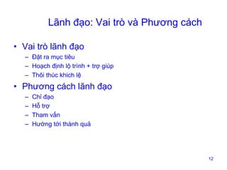 Lãnh đạo: Vai trò và Phương cách
• Vai trò lãnh đạo
– Đặt ra mục tiêu
– Hoạch định lộ trình + trợ giúp
– Thôi thúc khich lệ

• Phương cách lãnh đạo
–
–
–
–

Chỉ đạo
Hỗ trợ
Tham vấn
Hướng tới thành quả

12

 