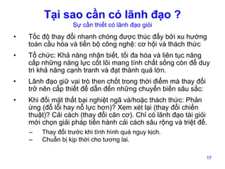 Tại sao cần có lãnh đạo ?
Sự cần thiết có lãnh đạo giỏi

•

Tốc độ thay đổi nhanh chóng được thúc đẩy bởi xu hướng
toàn cầu hóa và tiến bộ công nghệ: cơ hội và thách thức

•

Tổ chức: Khả năng nhận biết, tối đa hóa và liên tục nâng
cấp những năng lực cốt lõi mang tính chất sống còn để duy
trì khả năng cạnh tranh và đạt thành quả lớn.

•

Lãnh đạo giữ vai trò then chốt trong thời điểm mà thay đổi
trở nên cấp thiết để dẫn đến những chuyển biến sâu sắc:

•

Khi đối mặt thất bại nghiệt ngã và/hoặc thách thức: Phản
ứng (đỗ lỗi hay nỗ lực hơn)? Xem xét lại (thay đổi chiến
thuật)? Cải cách (thay đổi căn cơ). Chỉ có lãnh đạo tài giỏi
mới chọn giải pháp tiến hành cải cách sâu rộng và triệt để.
–
–

Thay đổi trước khi tình hình quá nguy kịch.
Chuẩn bị kịp thời cho tương lai.
17

 