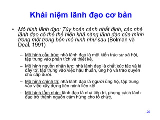 Khái niệm lãnh đạo cơ bản
• Mô hình lãnh đạo: Tùy hoàn cảnh nhất định, các nhà
lãnh đạo có thể thể hiện khả năng lãnh đạo của mình
trong một trong bốn mô hình như sau (Bolman và
Deal, 1991)
– Mô hình cấu trúc: nhà lãnh đạo là một kiến trúc sư xã hội,
tập trung vào phân tích và thiết kế.
– Mô hình nguồn nhân lực: nhà lãnh đạo là chất xúc tác và là
đầy tớ, tập trung vào việc hậu thuẫn, ủng hộ và trao quyền
cho cấp dưới.
– Mô hình chính trị: nhà lãnh đạo là người ủng hộ, tập trung
vào việc xây dựng liên minh liên kết.
– Mô hình tầm nhìn: lãnh đạo là nhà tiên tri, phong cách lãnh
đạo trở thành nguồn cảm hứng cho tổ chức.
20

 