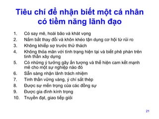 Tiêu chí để nhận biết một cá nhân
có tiềm năng lãnh đạo
1.
2.
3.
4.
5.
6.
7.
8.
9.
10.

Có say mê, hoài bão và khát vọng
Nắm bắt thay đổi và khôn khéo tận dụng cơ hội từ rủi ro
Không khiếp sợ trước thử thách
Không thỏa mãn với tình trạng hiện tại và biết phê phán trên
tinh thần xây dựng
Có những ý tưởng gây ấn tượng và thể hiện cam kết mạnh
mẽ cho một sự nghiệp nào đó
Sẵn sàng nhận lãnh trách nhiệm
Tinh thần vững vàng, ý chí sắt thép
Được sự mến trọng của các đồng sự
Được gia đình kính trọng
Truyền đạt, giao tiếp giỏi
21

 