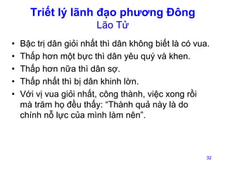 Triết lý lãnh đạo phương Đông
Lão Tử
•
•
•
•
•

Bậc trị dân giỏi nhất thì dân không biết là có vua.
Thấp hơn một bực thì dân yêu quý và khen.
Thấp hơn nữa thì dân sợ.
Thấp nhất thì bị dân khinh lờn.
Với vị vua giỏi nhất, công thành, việc xong rồi
mà trăm họ đều thấy: “Thành quả này là do
chính nỗ lực của mình làm nên”.

32

 