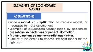 ELEMENTS OF ECONOMIC
MODEL
ASSUMPTIONS
• Since a model is a simplification, to create a model, it’s
necessary to make assumptions.
• Examples of assumptions usually made by economists
are rational expectations or perfect information.
• The assumptions cannot contradict each other.
• One must be careful to choose the right model for the
right task.
 