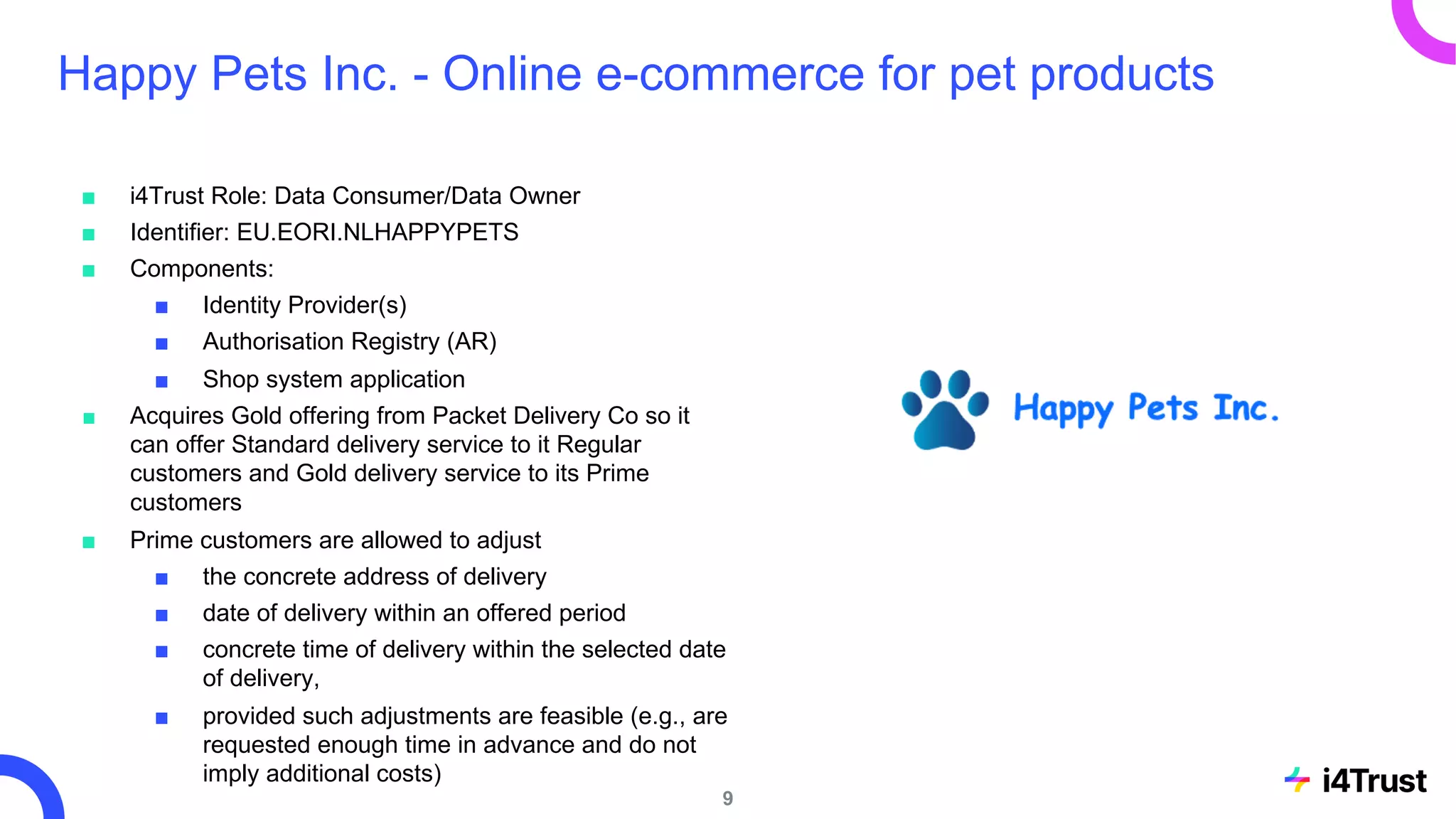 Happy Pets Inc. - Online e-commerce for pet products
■ i4Trust Role: Data Consumer/Data Owner
■ Identifier: EU.EORI.NLHAPPYPETS
■ Components:
■ Identity Provider(s)
■ Authorisation Registry (AR)
■ Shop system application
■ Acquires Gold offering from Packet Delivery Co so it
can offer Standard delivery service to it Regular
customers and Gold delivery service to its Prime
customers
■ Prime customers are allowed to adjust
■ the concrete address of delivery
■ date of delivery within an offered period
■ concrete time of delivery within the selected date
of delivery,
■ provided such adjustments are feasible (e.g., are
requested enough time in advance and do not
imply additional costs)
9
 