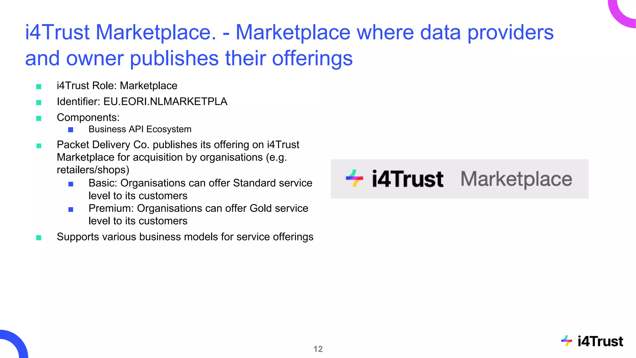 i4Trust Marketplace. - Marketplace where data providers
and owner publishes their offerings
■ i4Trust Role: Marketplace
■ Identifier: EU.EORI.NLMARKETPLA
■ Components:
■ Business API Ecosystem
■ Packet Delivery Co. publishes its offering on i4Trust
Marketplace for acquisition by organisations (e.g.
retailers/shops)
■ Basic: Organisations can offer Standard service
level to its customers
■ Premium: Organisations can offer Gold service
level to its customers
■ Supports various business models for service offerings
12
 