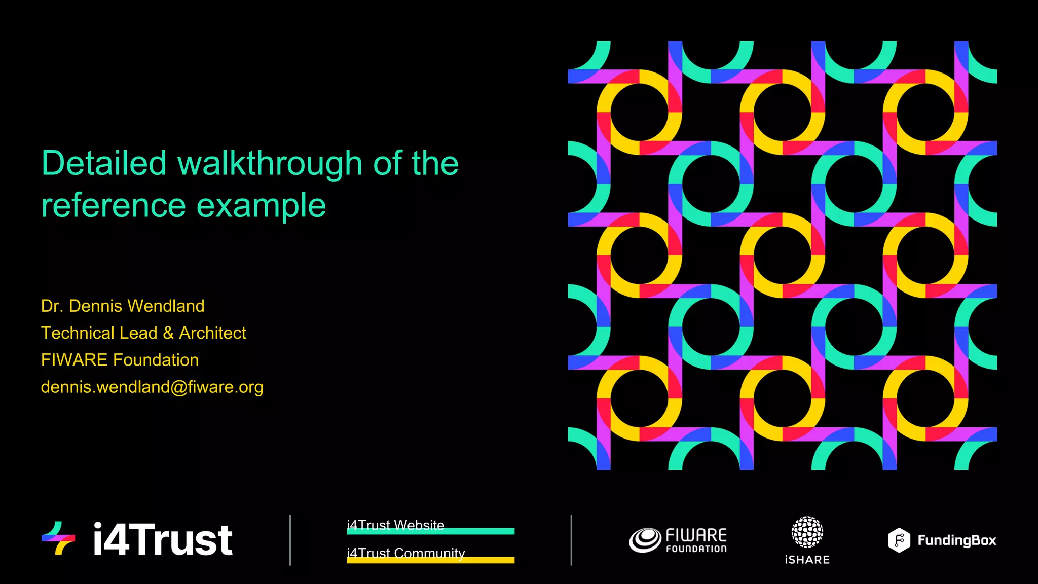 i4Trust Website
i4Trust Community
Detailed walkthrough of the
reference example
Dr. Dennis Wendland
Technical Lead & Architect
FIWARE Foundation
dennis.wendland@fiware.org
 