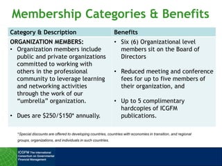 Membership Categories & Benefits
Category & Description Benefits
ORGANIZATION MEMBERS:
• Organization members include
public and private organizations
committed to working with
others in the professional
community to leverage learning
and networking activities
through the work of our
“umbrella” organization.
• Dues are $250/$150* annually.
• Six (6) Organizational level
members sit on the Board of
Directors
• Reduced meeting and conference
fees for up to five members of
their organization, and
• Up to 5 complimentary
hardcopies of ICGFM
publications.
*Special discounts are offered to developing countries, countries with economies in transition, and regional
groups, organizations, and individuals in such countries.
 