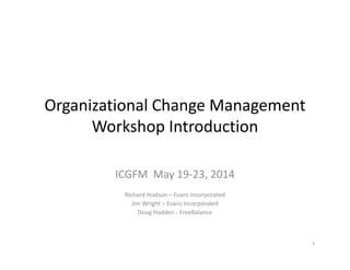 Organizational Change Management 
Workshop Introduction
ICGFM  May 19‐23, 2014
Richard Hudson – Evans Incorporated
Jim Wright – Evans Incorporated
Doug Hadden ‐ FreeBalance
1
 