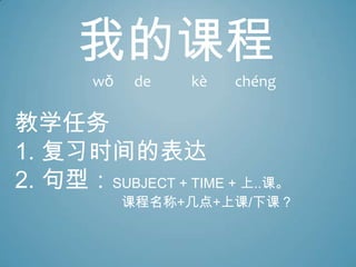 教学任务
1. 复习时间的表达
2. 句型：SUBJECT + TIME + 上..课。
课程名称+几点+上课/下课？
我的课程
wǒ de kè chéng
 