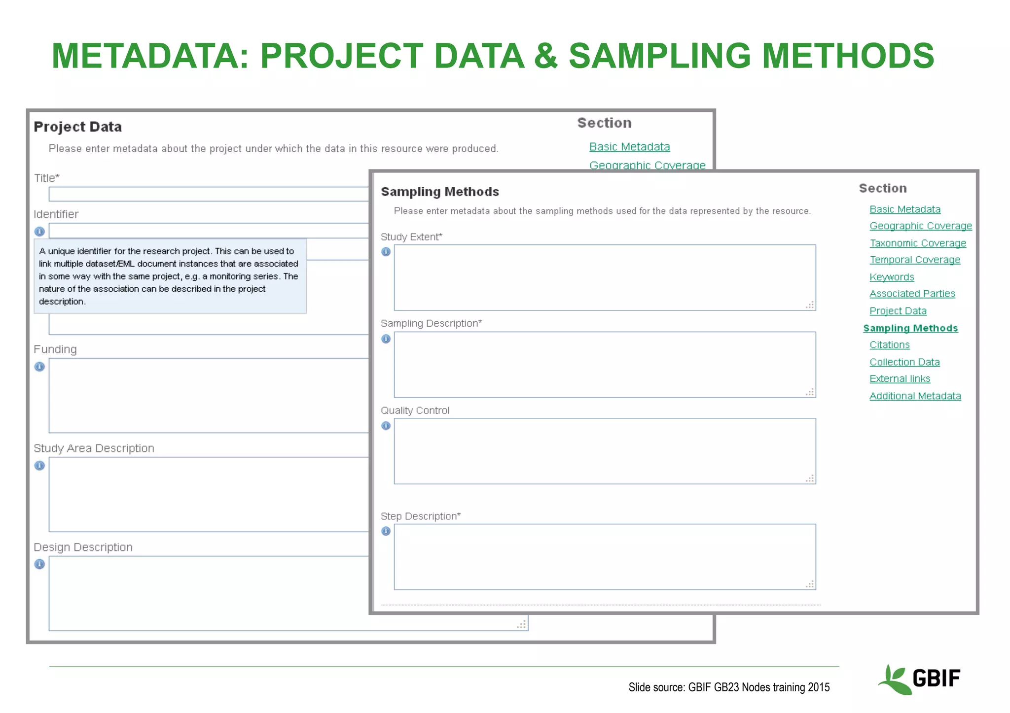 Slide source: GBIF GB23 Nodes training 2015
METADATA: PROJECT DATA & SAMPLING METHODS
 