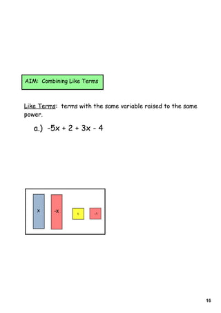 16
x
1 ­1
­x
a.) -5x + 2 + 3x - 4
Like Terms: terms with the same variable raised to the same
power.
AIM: Combining Like Terms
 