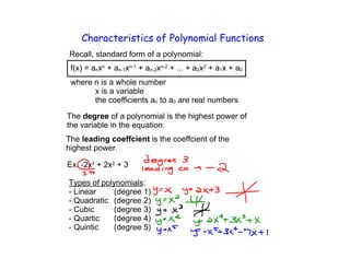 Characteristics of Polynomial Functions

          n             n-1         n-2           2
      n           n-1         n-2             2       1   0




                                n         0


degree

leading coeffcient

  3           2
 