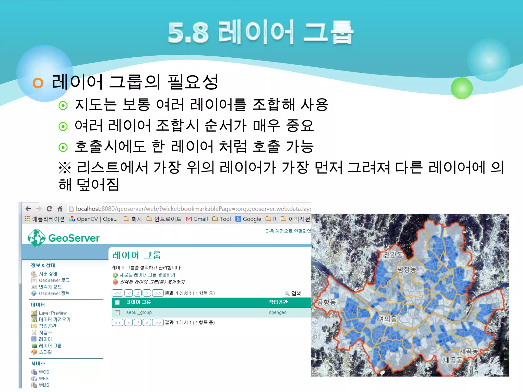  레이어 그룹의 필요성
 지도는 보통 여러 레이어를 조합해 사용
 여러 레이어 조합시 순서가 매우 중요
 호출시에도 한 레이어 처럼 호출 가능
※ 리스트에서 가장 위의 레이어가 가장 먼저 그려져 다른 레이어에 의
해 덮어짐

 