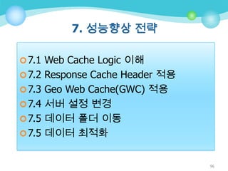 7. 성능향상 전략
 7.1 Web Cache Logic 이해
 7.2 Response Cache Header 적용
 7.3 Geo Web Cache(GWC) 적용
 7.4 서버 설정 변경

 7.5 데이터 폴더 이동
 7.5 데이터 최적화

96

 