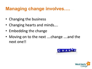 Managing change involves….
• Changing the business
• Changing hearts and minds….
• Embedding the change
• Moving on to the next ….change ….and the
next one!!
 