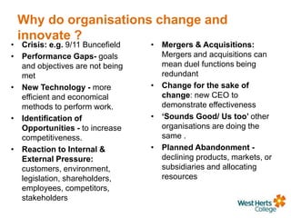 Why do organisations change and
innovate ?
• Crisis: e.g. 9/11 Buncefield
• Performance Gaps- goals
and objectives are not being
met
• New Technology - more
efficient and economical
methods to perform work.
• Identification of
Opportunities - to increase
competitiveness.
• Reaction to Internal &
External Pressure:
customers, environment,
legislation, shareholders,
employees, competitors,
stakeholders
• Mergers & Acquisitions:
Mergers and acquisitions can
mean duel functions being
redundant
• Change for the sake of
change: new CEO to
demonstrate effectiveness
• ‘Sounds Good/ Us too’ other
organisations are doing the
same .
• Planned Abandonment -
declining products, markets, or
subsidiaries and allocating
resources
 