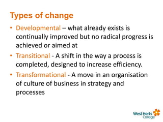 Types of change
• Developmental – what already exists is
continually improved but no radical progress is
achieved or aimed at
• Transitional - A shift in the way a process is
completed, designed to increase efficiency.
• Transformational - A move in an organisation
of culture of business in strategy and
processes
 