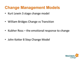 Change Management Models
• Kurt Lewin 3 stage change model
• William Bridges Change vs Transition
• Kubher Ross – the emotional response to change
• John Kotter 8 Step Change Model
 